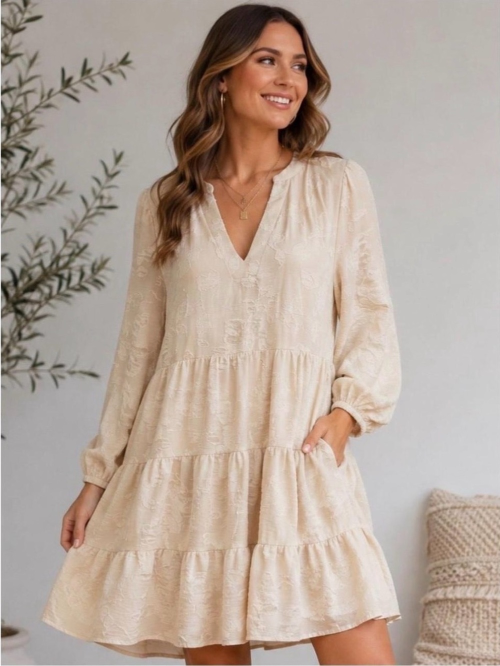 Joie Cream Tiered V-Neck Mini Dress Subtle Floral Embroidery Size XS